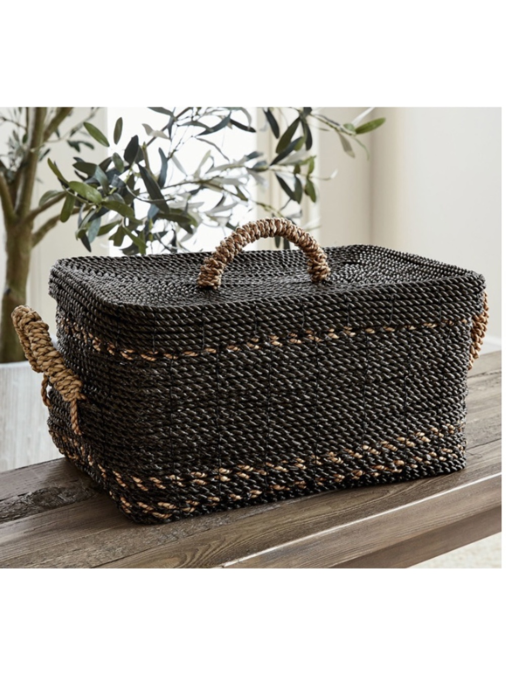 Pottery Barn Set/2 Black Woven Wicker Storage Baskets with Lids